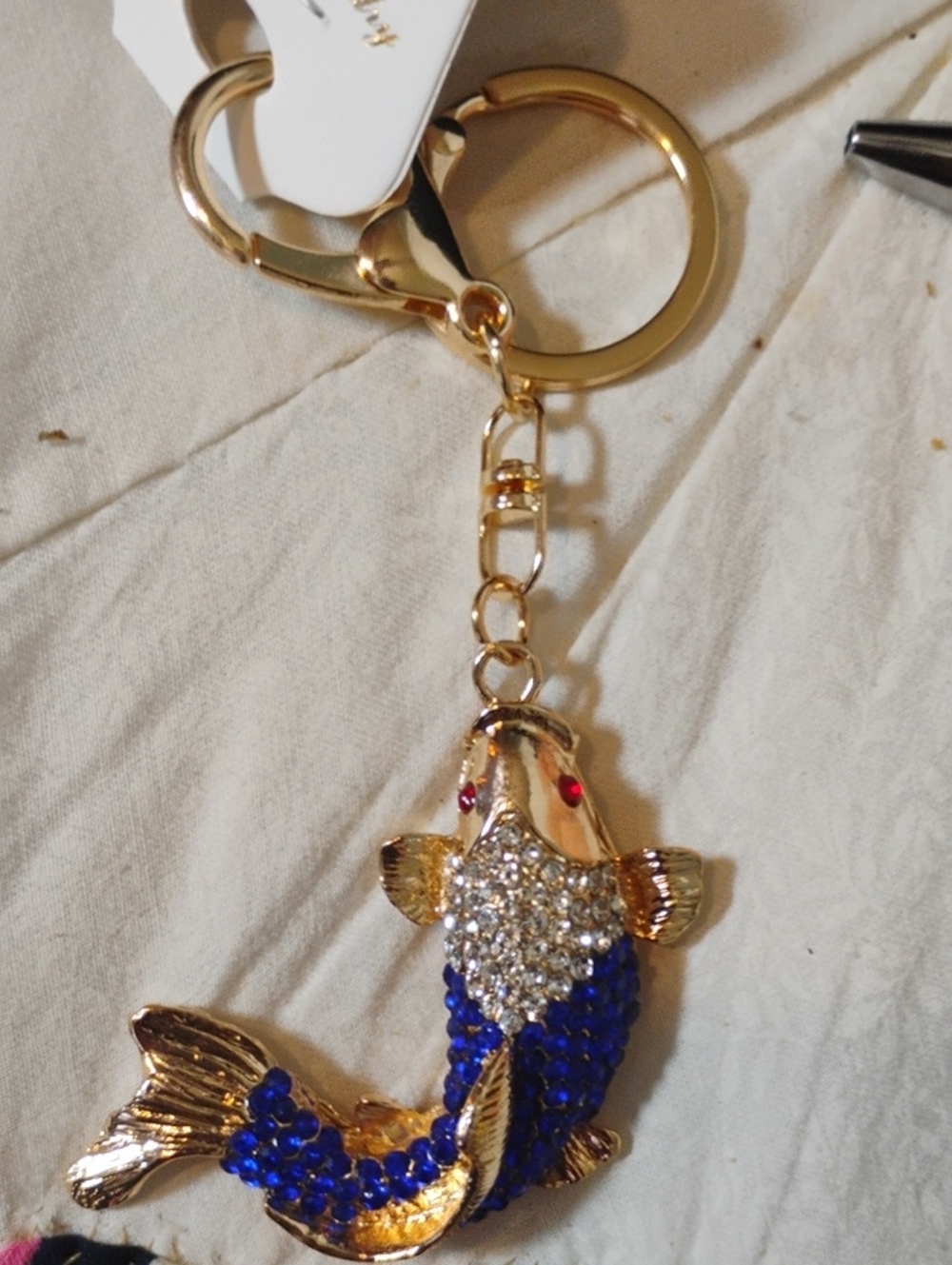 Gold Koi Fish Keychain with cobalt blue Crystals - Bag Charm